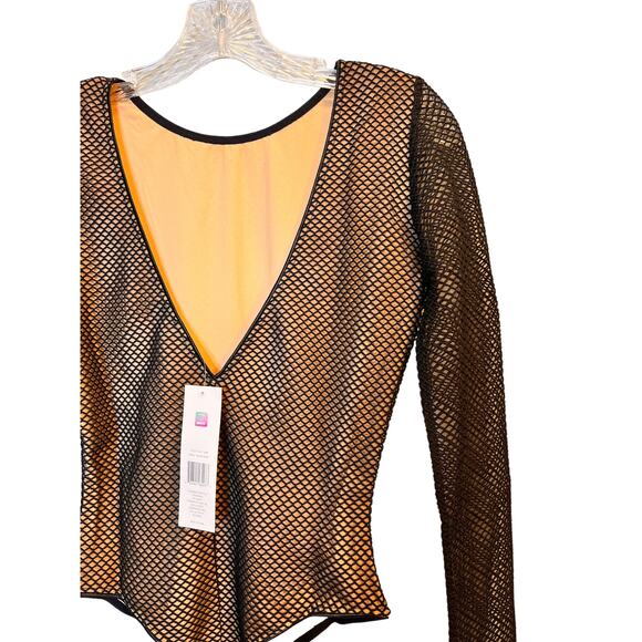 Cosmopolitan Dress The Population Mesh Long Sleeve Open Back Bodysuit S Black - Picture 7 of 11